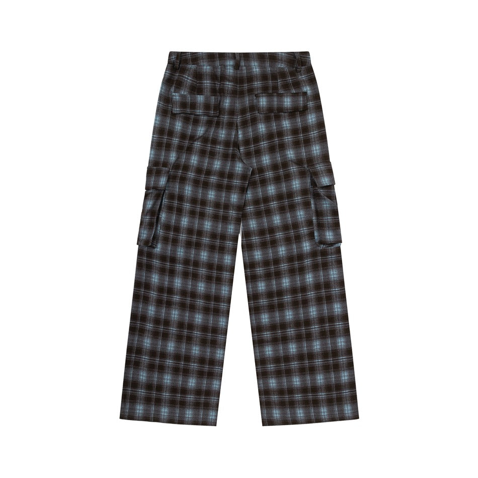 Back view of blue and brown plaid cargo pants showing back flap pockets and side cargo pockets