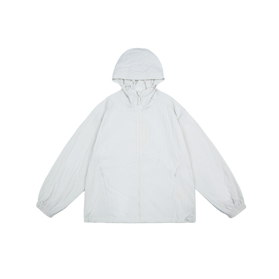 White hooded zip jacket flat lay with side zip pockets, elastic cuffs and a chest panel