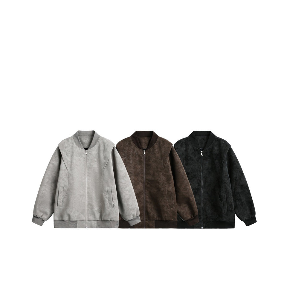 Three front-view zip-front bomber jackets shown together in light gray, brown and black.