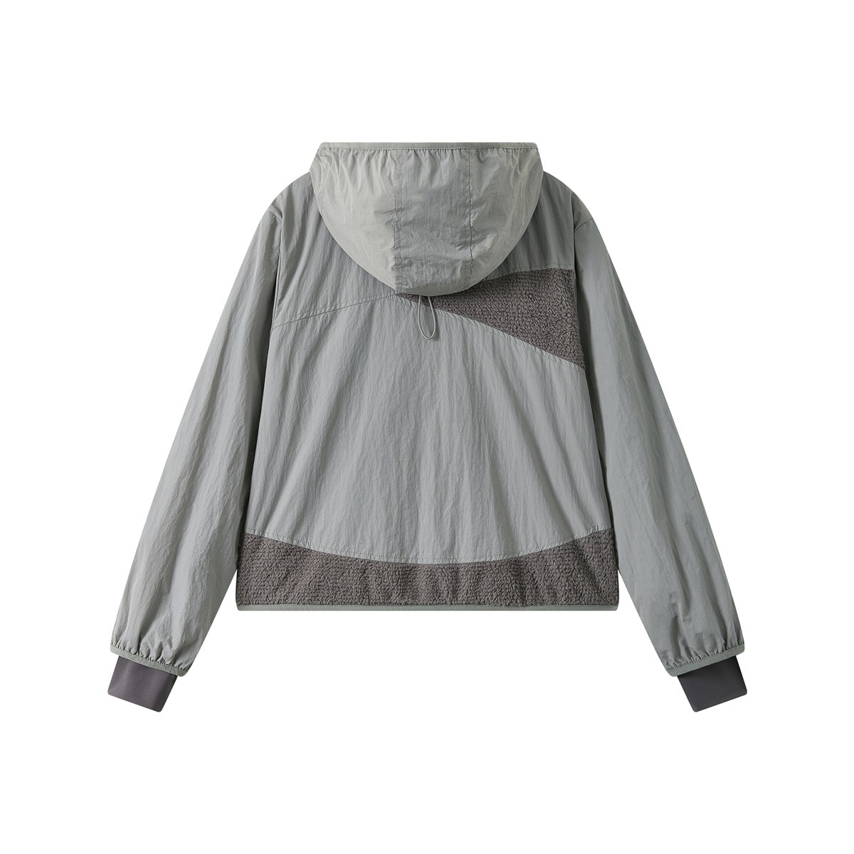 Back view of a light gray hooded jacket with dark fuzzy panels across the upper back and hem.