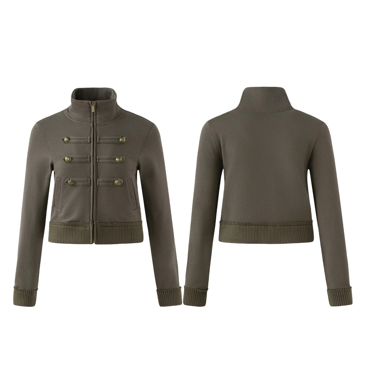 Taupe cropped zip jacket shown from the front and back, with a high collar, brass button tabs, and ribbed trim.