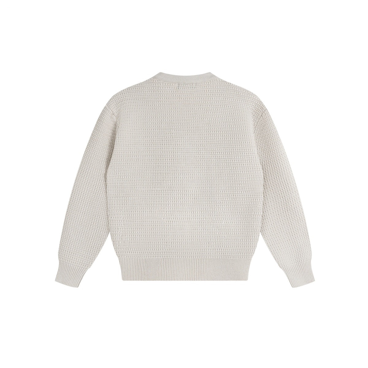 Back view of an ivory button-front cardigan with long sleeves and a textured knit pattern.