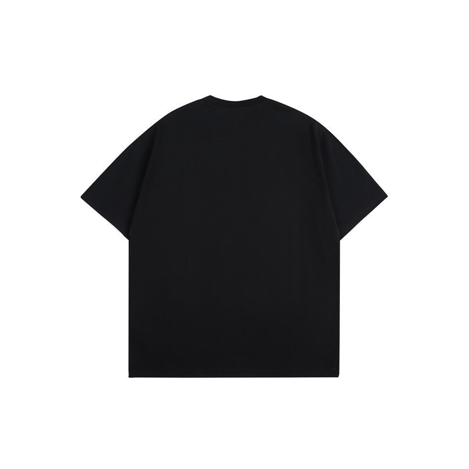 Back view of a plain black short-sleeve crew-neck T-shirt with no visible print