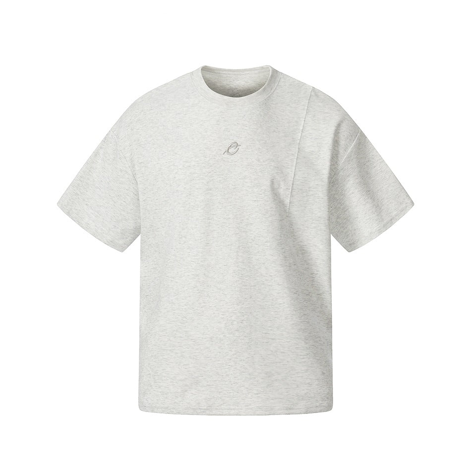 Heather light gray short-sleeve crew-neck T-shirt with curved seam lines and a small embroidered logo at chest