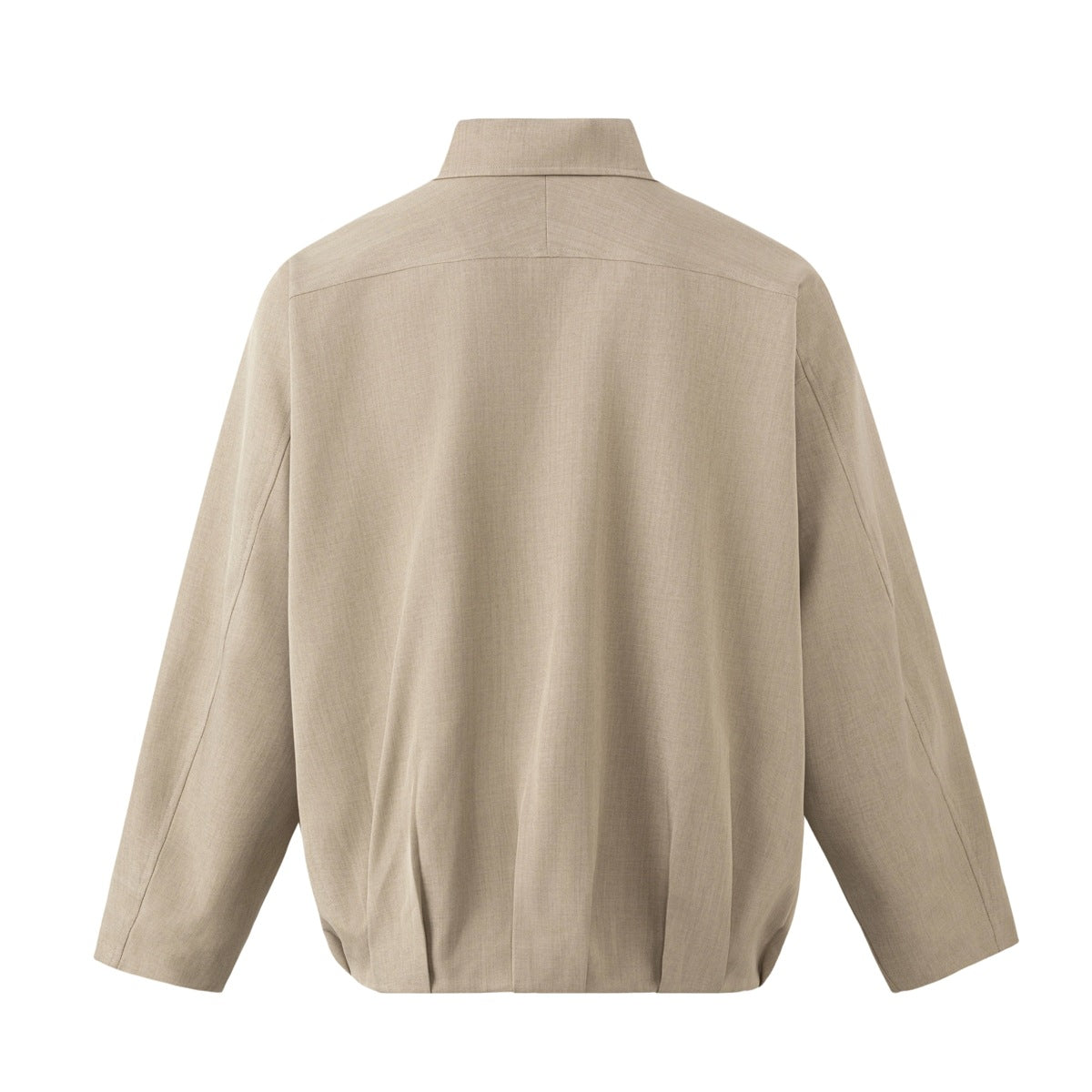 Back view of a taupe jacket with a pointed collar, long sleeves, and a gathered-looking hem.