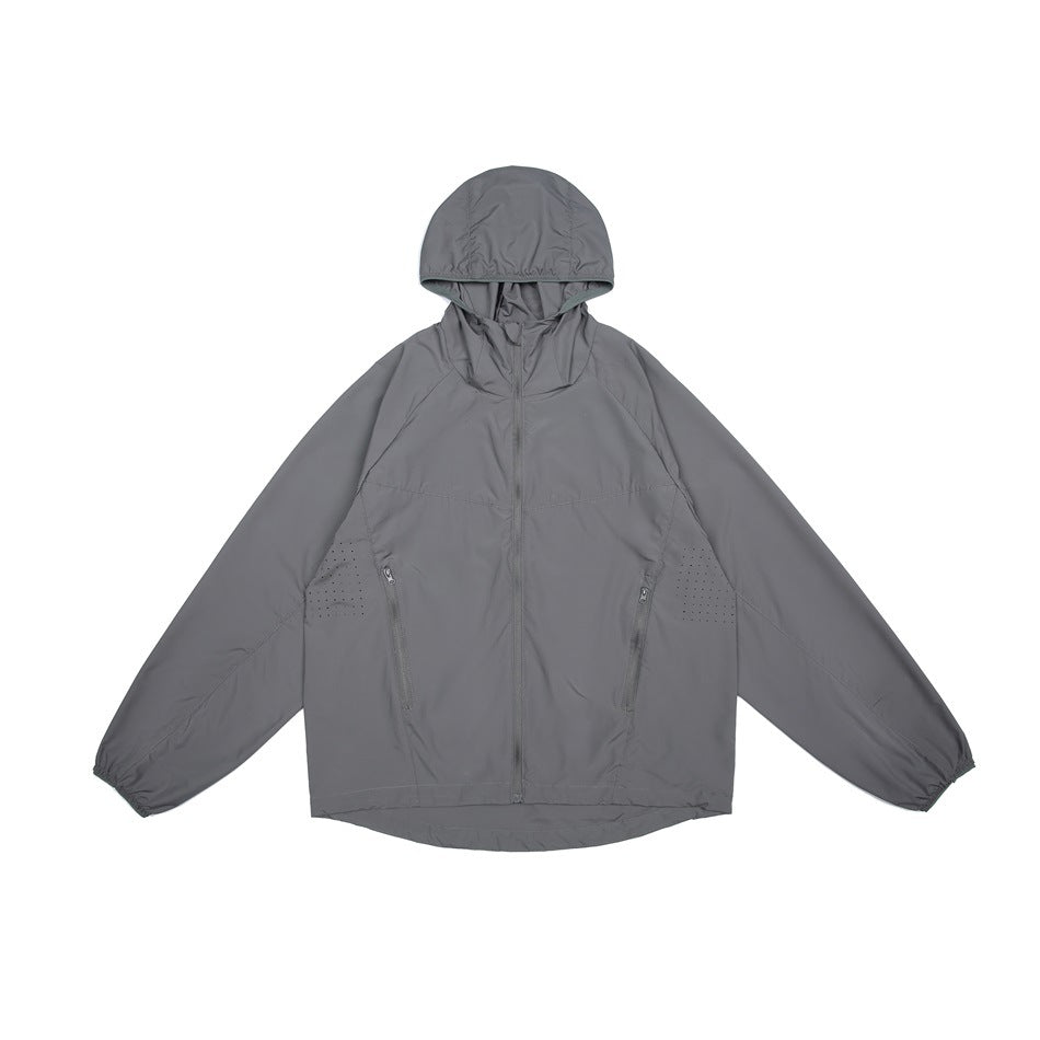 Dark gray hooded zip-up jacket laid flat, front view with zippered side pockets and elastic cuffs