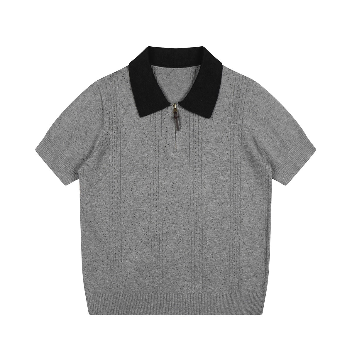 Gray knit polo with black collar, quarter zip and textured cable pattern, flat front view
