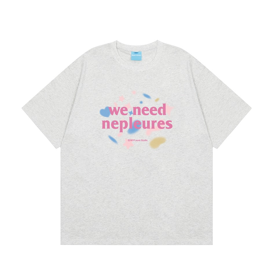 Light heather gray short-sleeve T-shirt with pink 'we need nepleures' graphic and pastel hearts and stars on the front