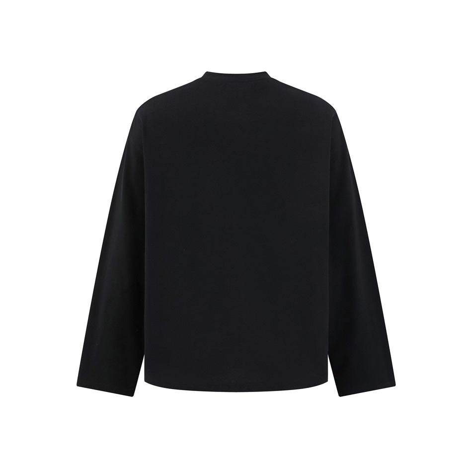 Back view of a plain black long-sleeve crew-neck shirt.