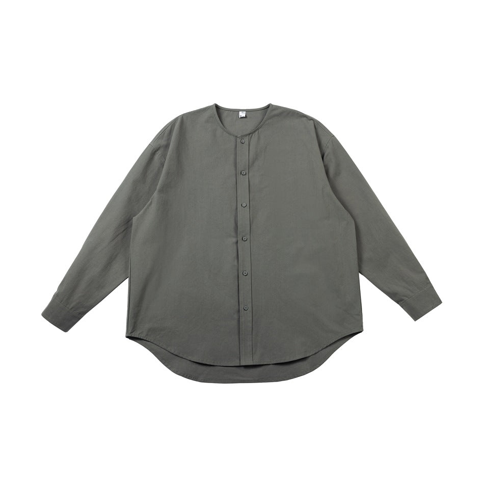 Gray long-sleeve collarless button-front shirt laid flat, front view with curved hem