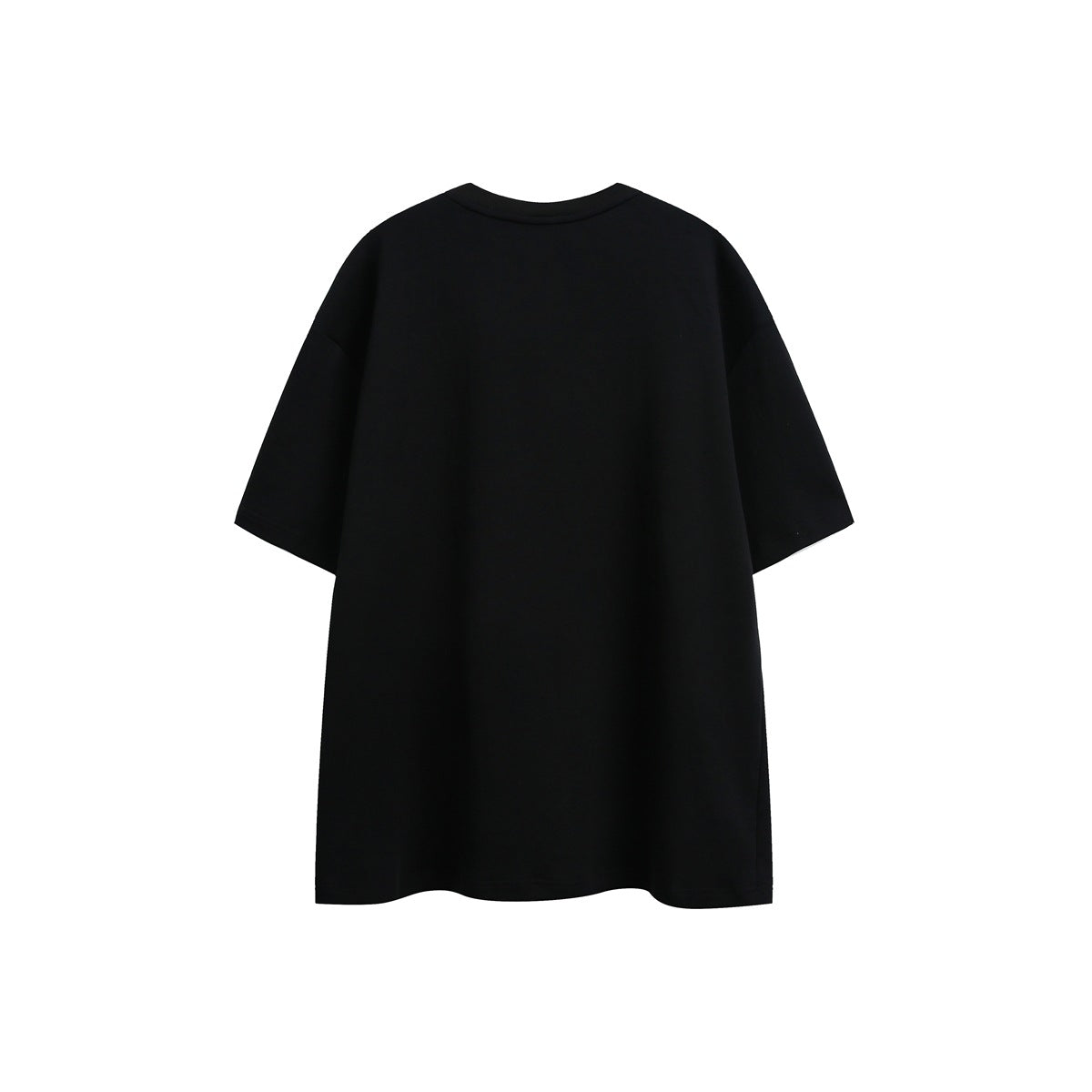 Back view of a plain black oversized short-sleeve crew-neck T-shirt displayed against a white background.