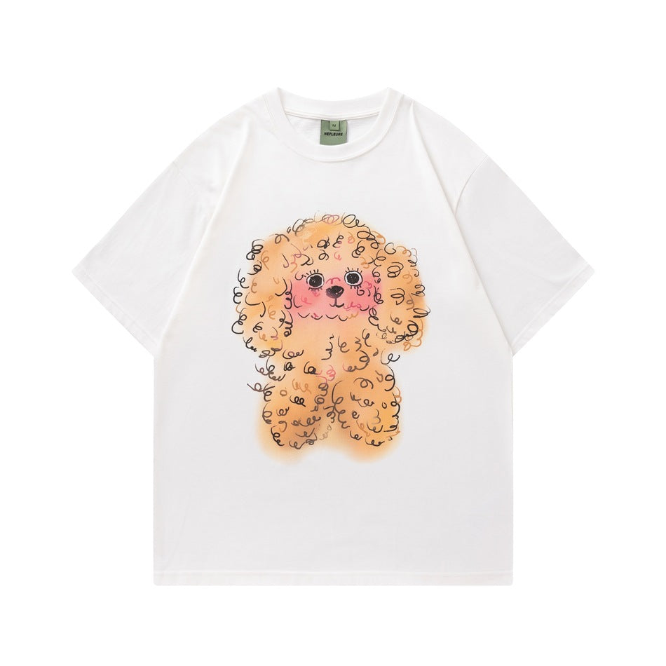 White short-sleeve crew-neck t-shirt with a curly orange-tan dog illustration printed on the front