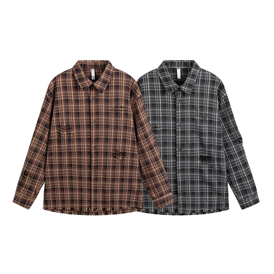 Two plaid button-up shirts with distressed details shown side by side in brown and charcoal gray colorways.