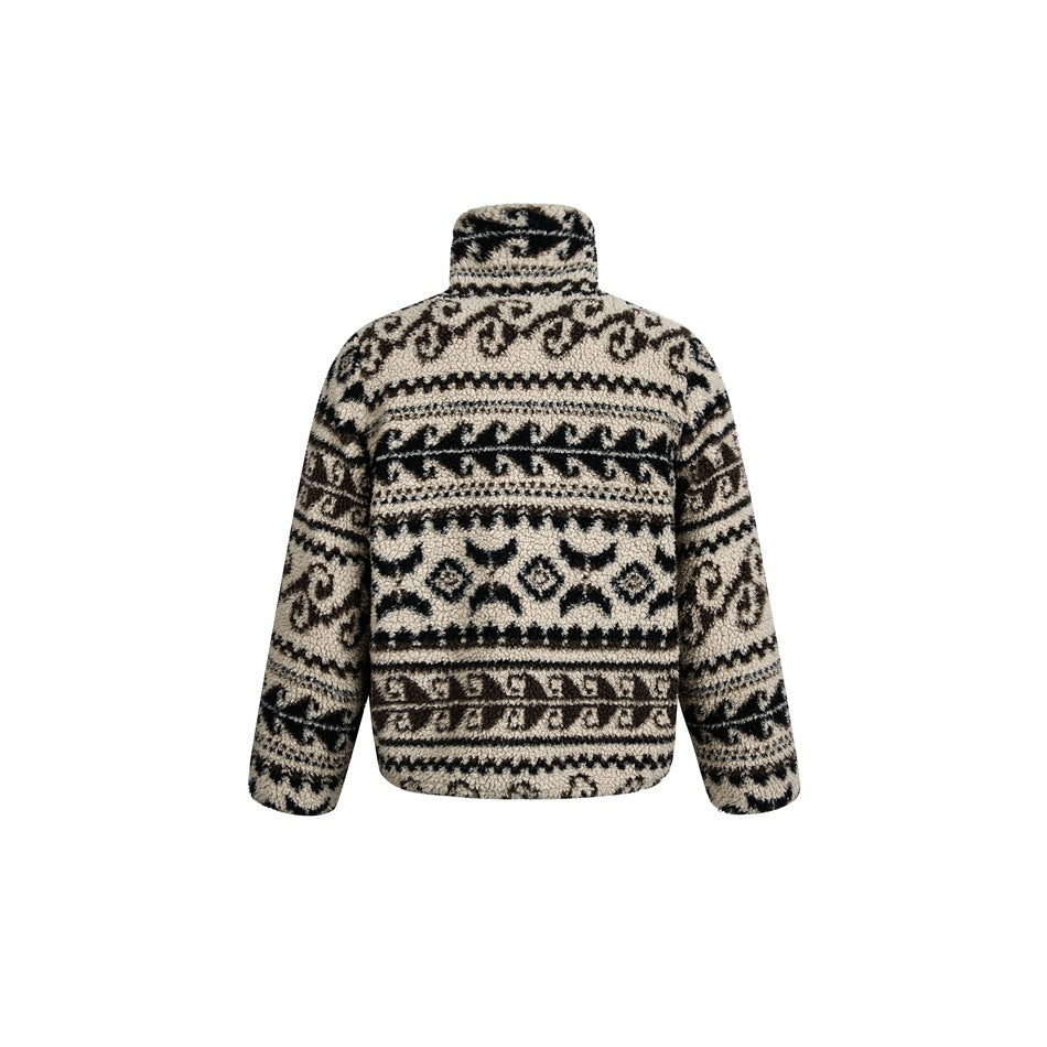 Back view of a beige-and-black patterned jacket with a stand collar and long sleeves, isolated on white.
