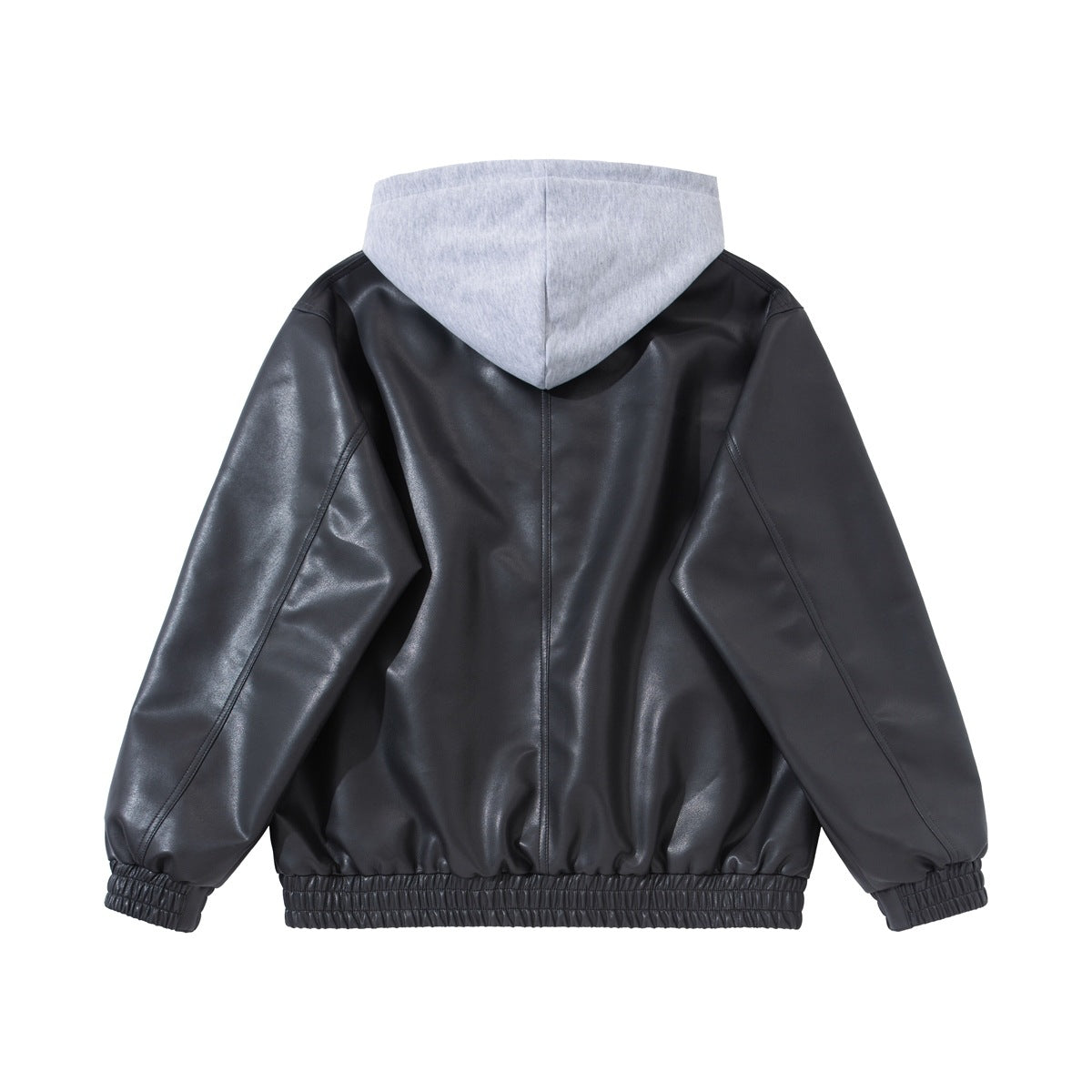 Back view of a black jacket with a light gray hood, center seam, and gathered hem and cuffs.
