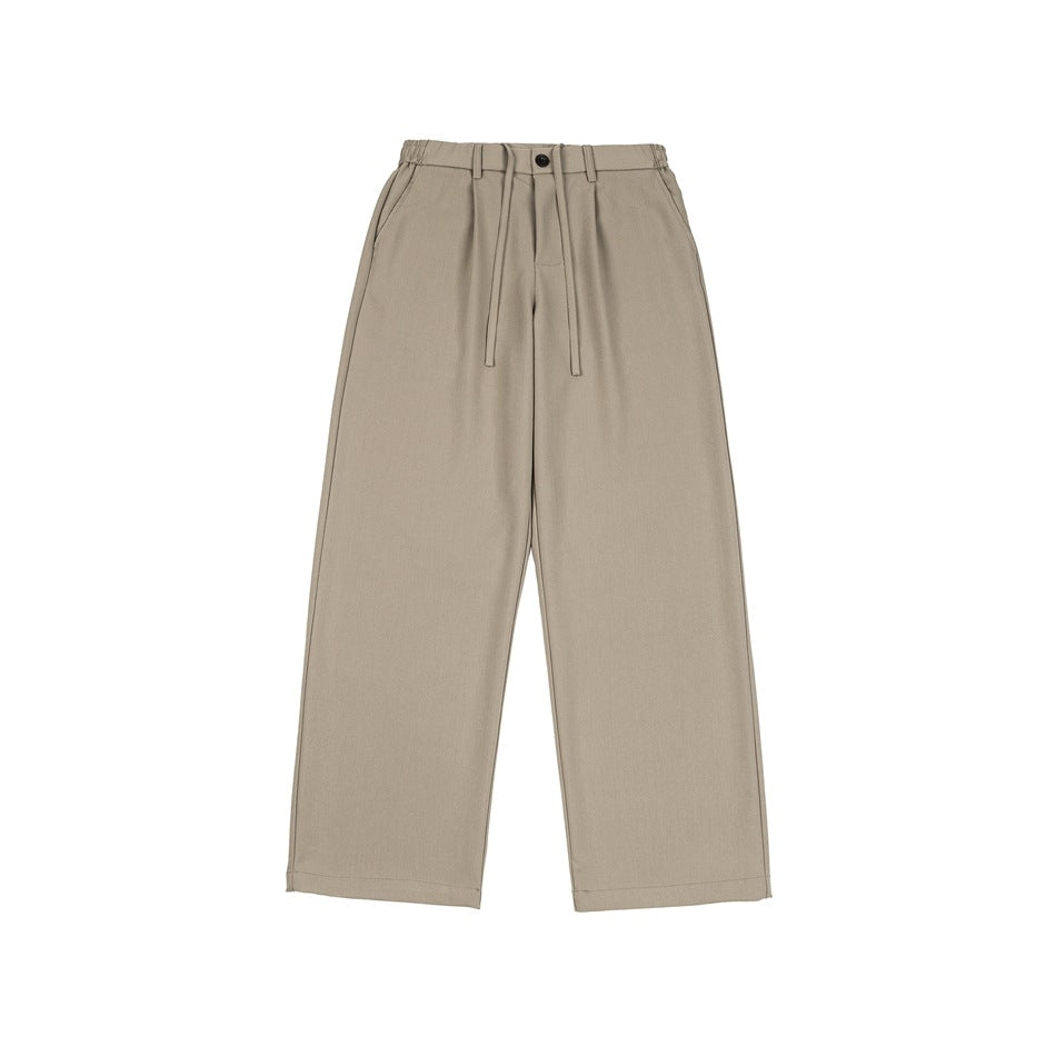 Khaki wide-leg trousers flat lay, front view with pleats, button, drawstring and side pockets