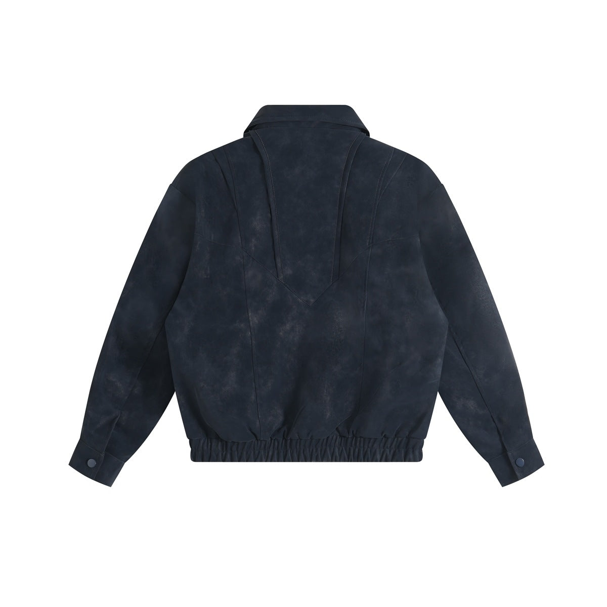 Navy blue jacket back view showing yoke seams, elastic hem and buttoned cuffs
