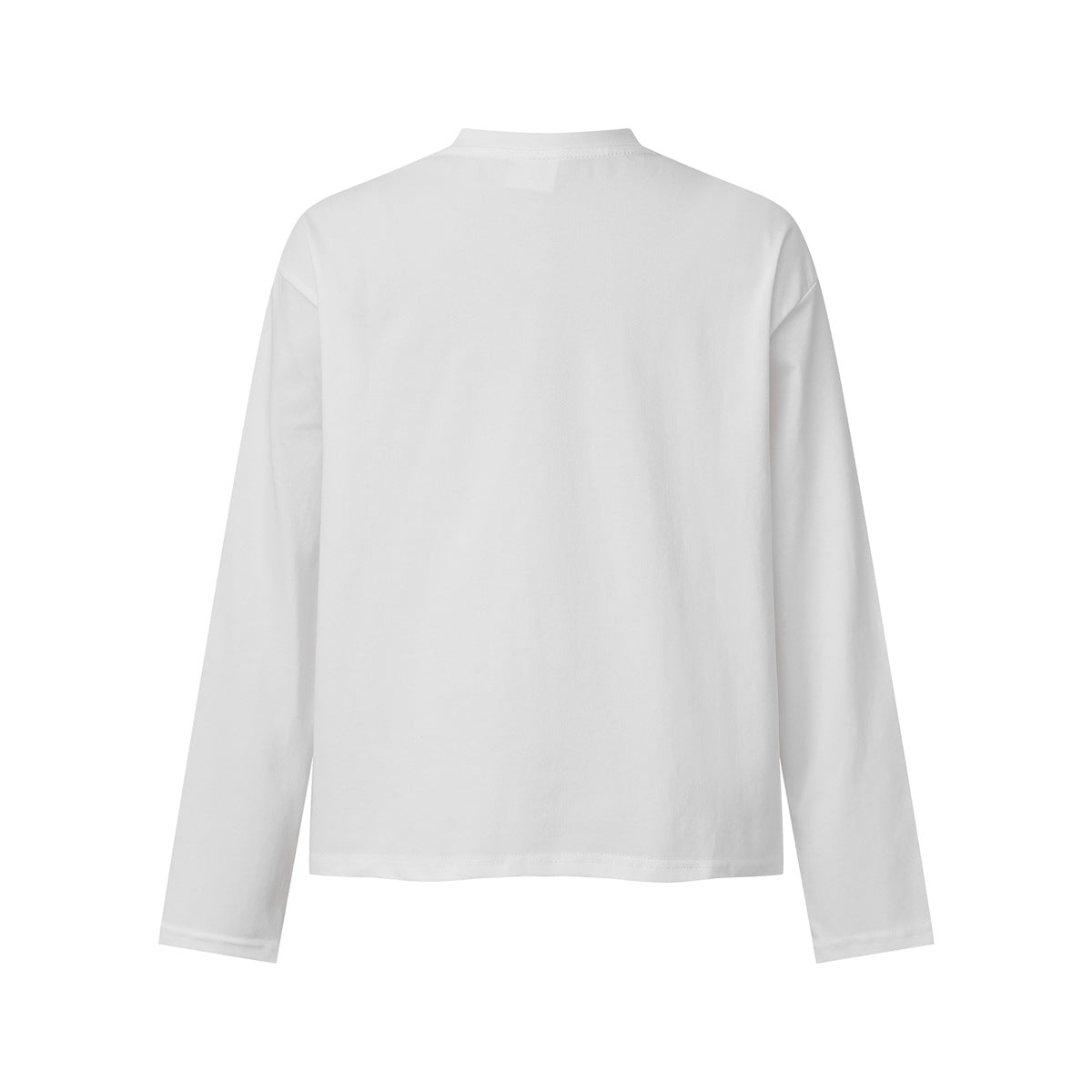 Back view of a plain white long-sleeve crew-neck T-shirt.