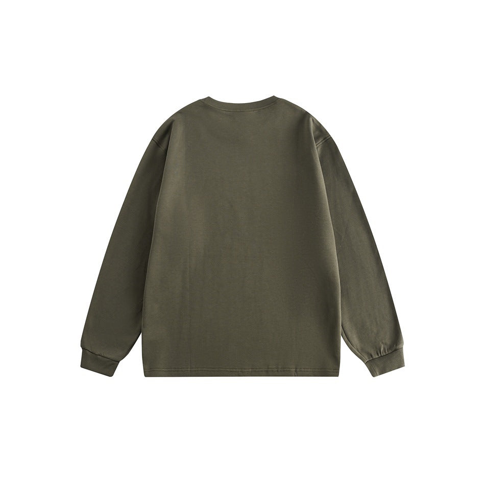 Back view of an olive-gray long-sleeve crewneck sweatshirt with ribbed cuffs and a plain back.