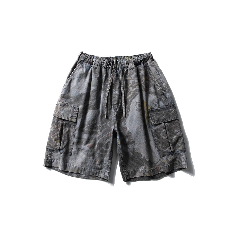 Gray printed cargo shorts with elastic drawstring waist and flap thigh pockets, flat front view