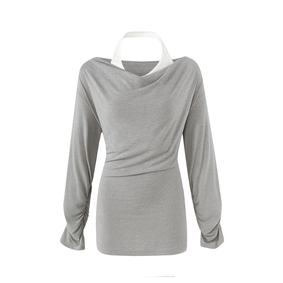 Gray long-sleeve top with draped neckline, white halter-style layer, ruched waist and ruched sleeve cuffs, front view