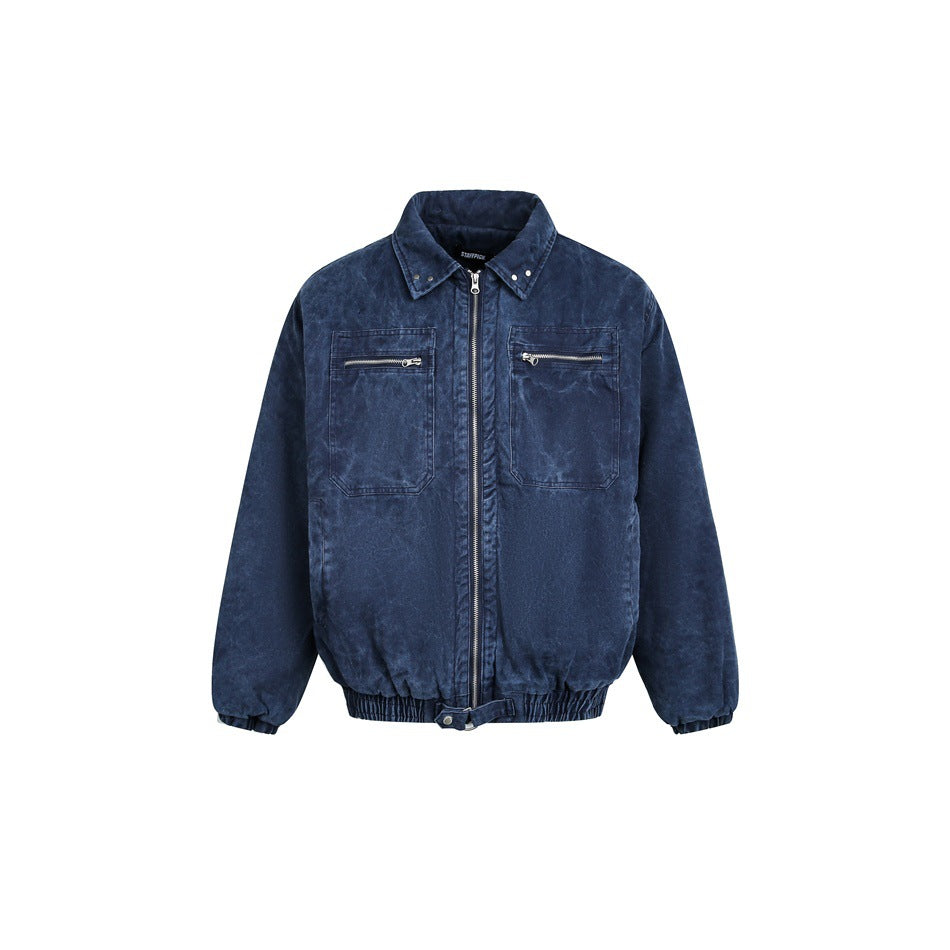 Navy blue washed zip-front jacket with collar, two zippered chest pockets and elastic hem, front view on white