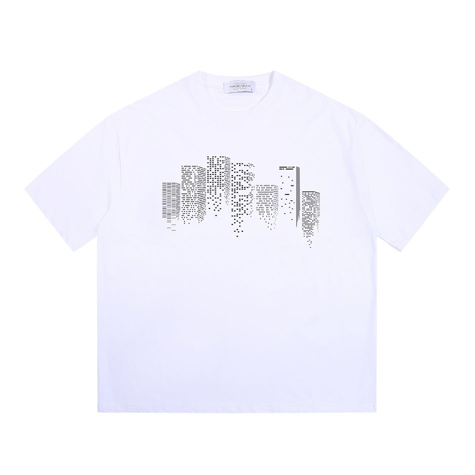White short-sleeve crew-neck T-shirt with a dotted city skyline graphic on the chest, flat lay
