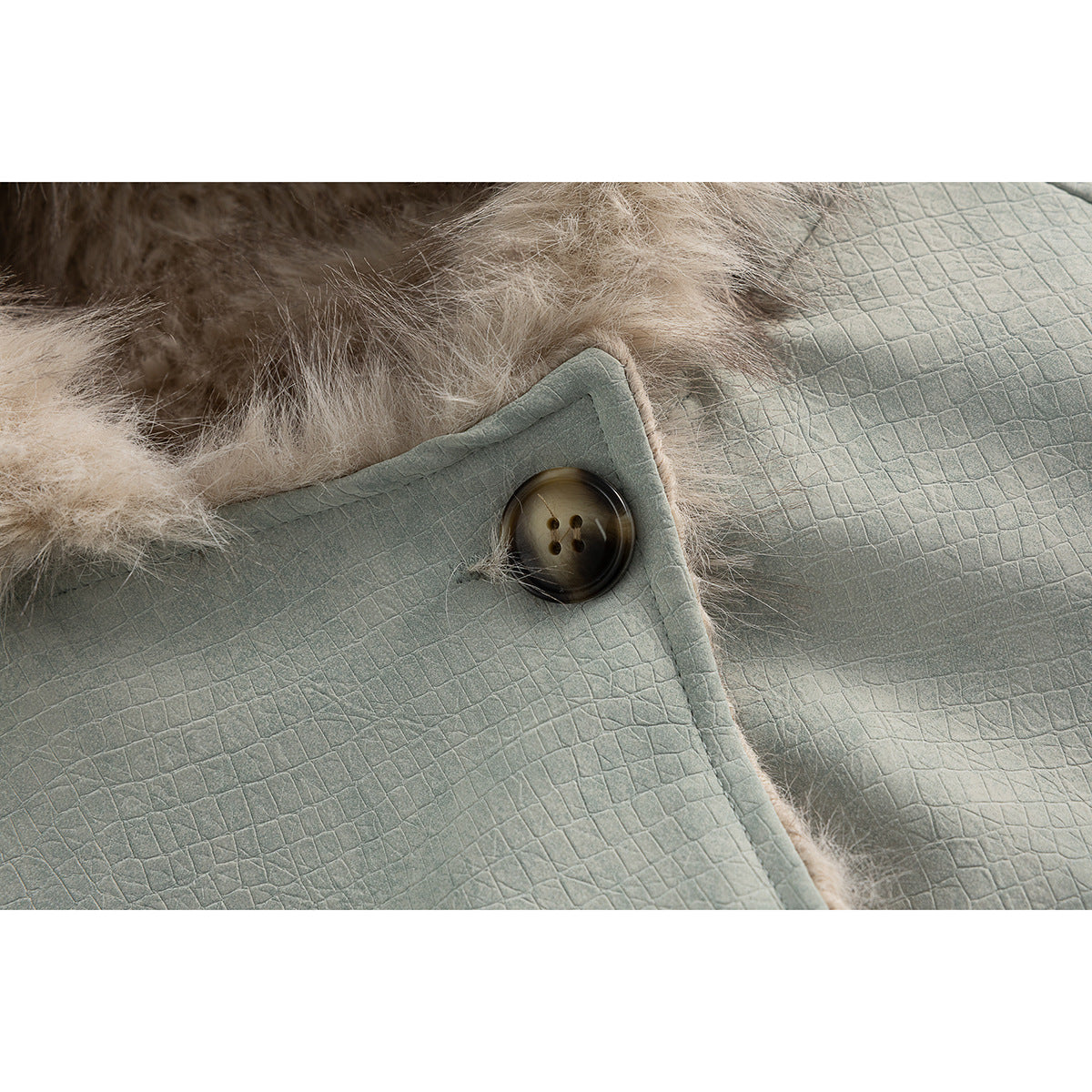 Close-up of a dark button, beige fur trim, and textured sage green jacket fabric.