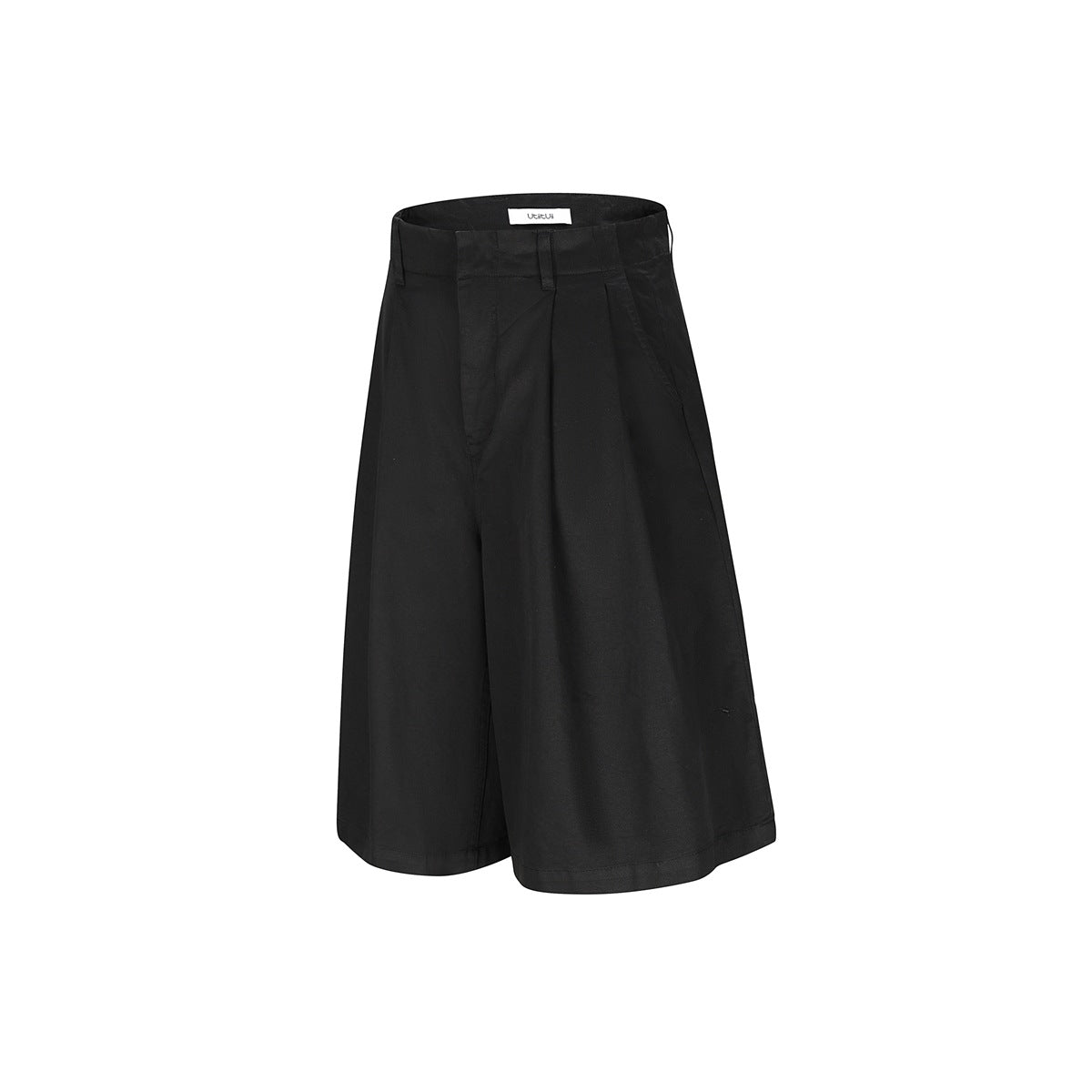 Black pleated knee-length wide-leg shorts with belt loops, front fly and side pockets, shown flat on white background