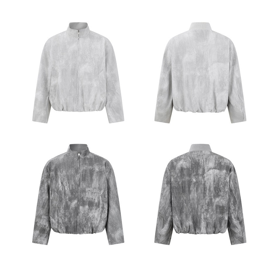 Front and back flat views of the zip jacket in light gray and dark gray