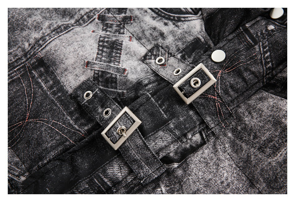 Close-up of the jacket's patterned fabric, metal eyelets, and adjustable straps with rectangular buckles.