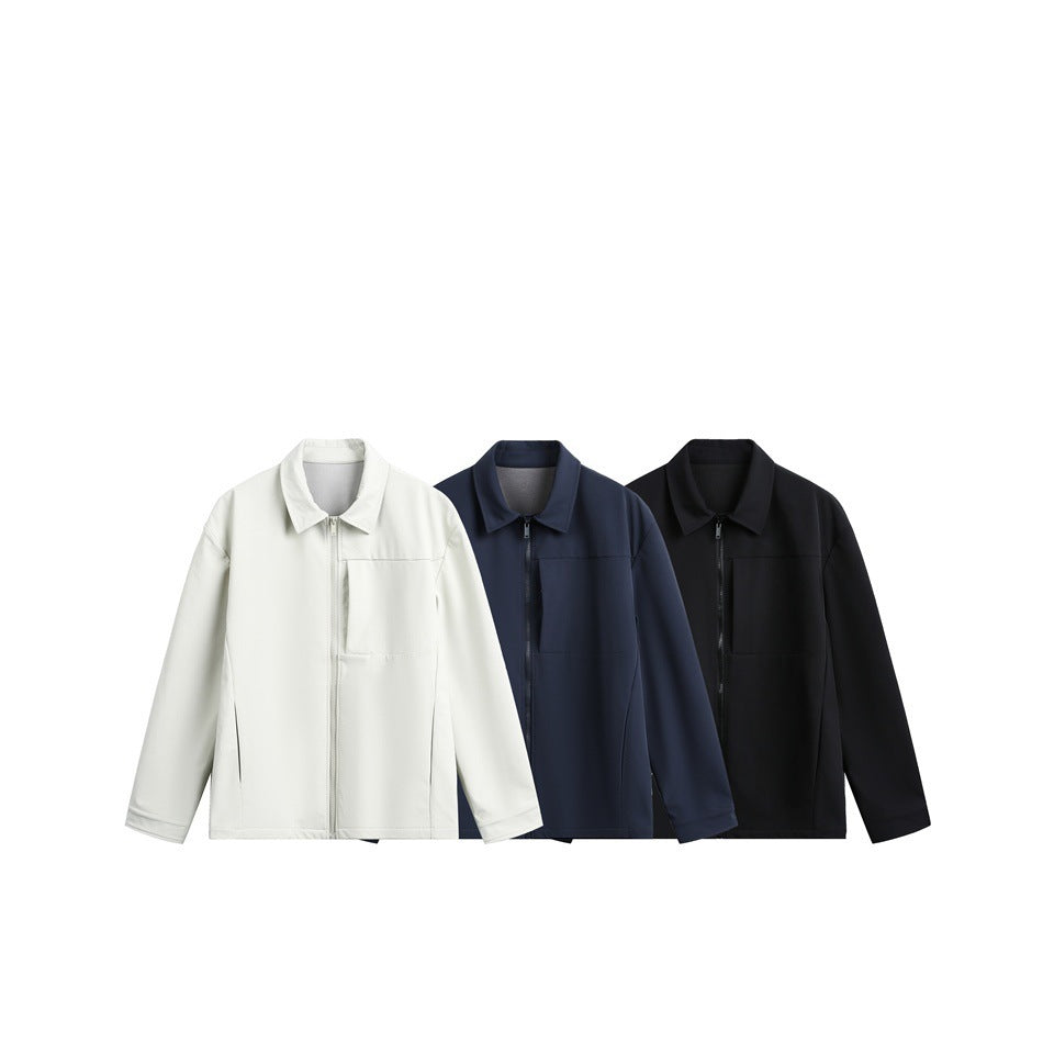 Three zip-front collared jackets shown together in cream, navy, and black.