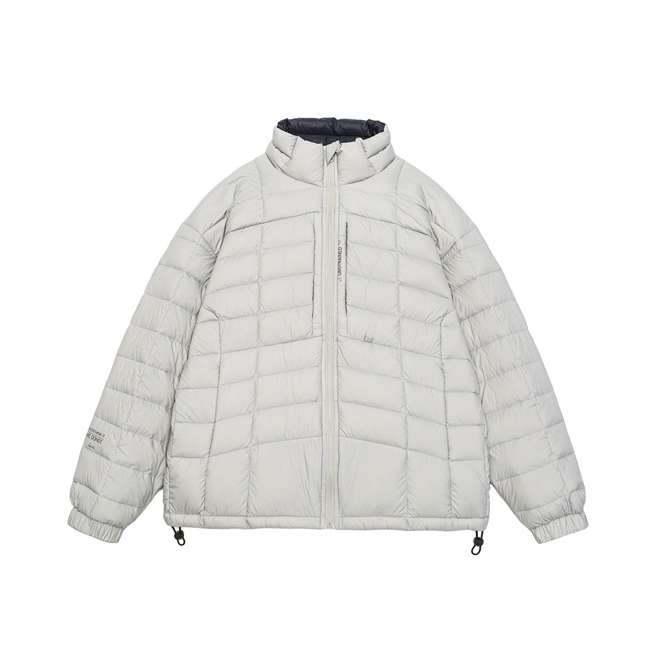 Light gray quilted puffer jacket with stand collar, front zipper, chest zip pocket and hem drawcords, flat lay