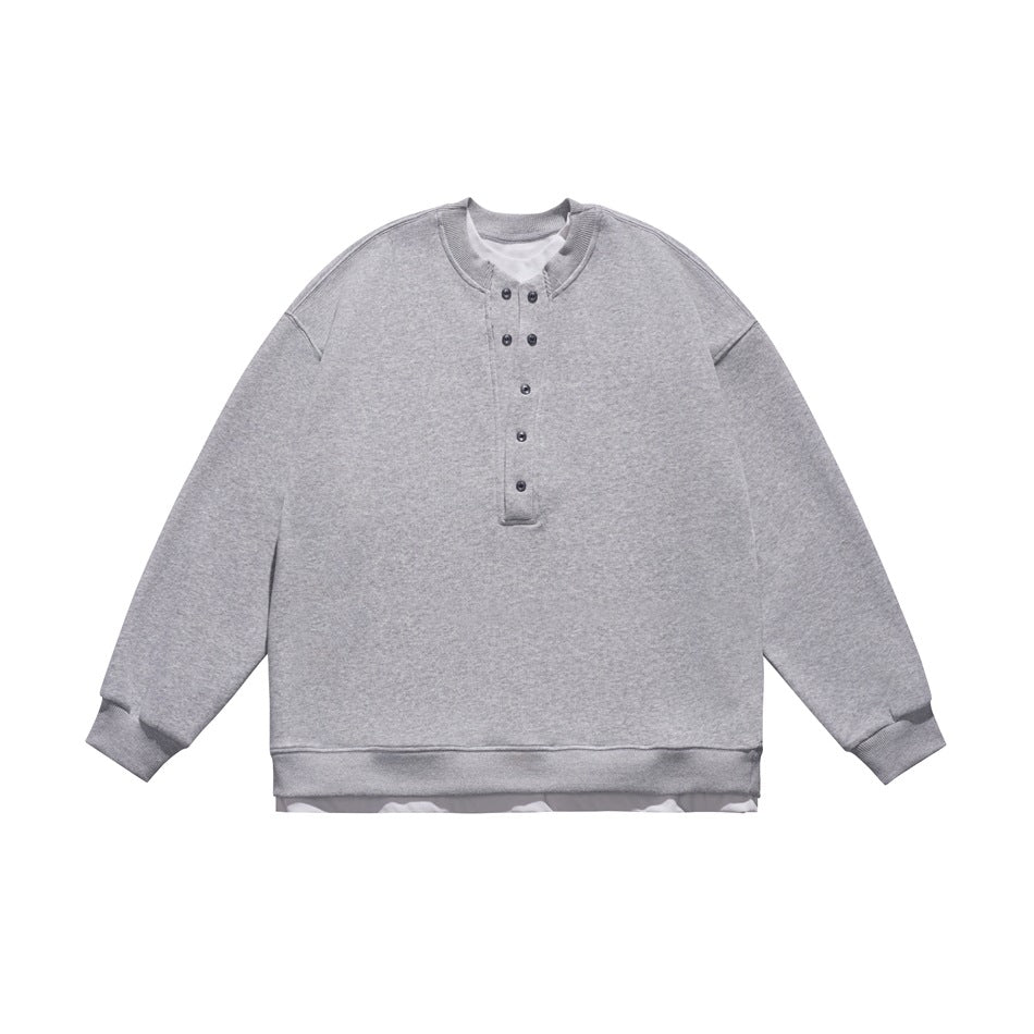Heather gray pullover sweatshirt with a five-button henley placket and a white layered neckline and hem, flat lay front