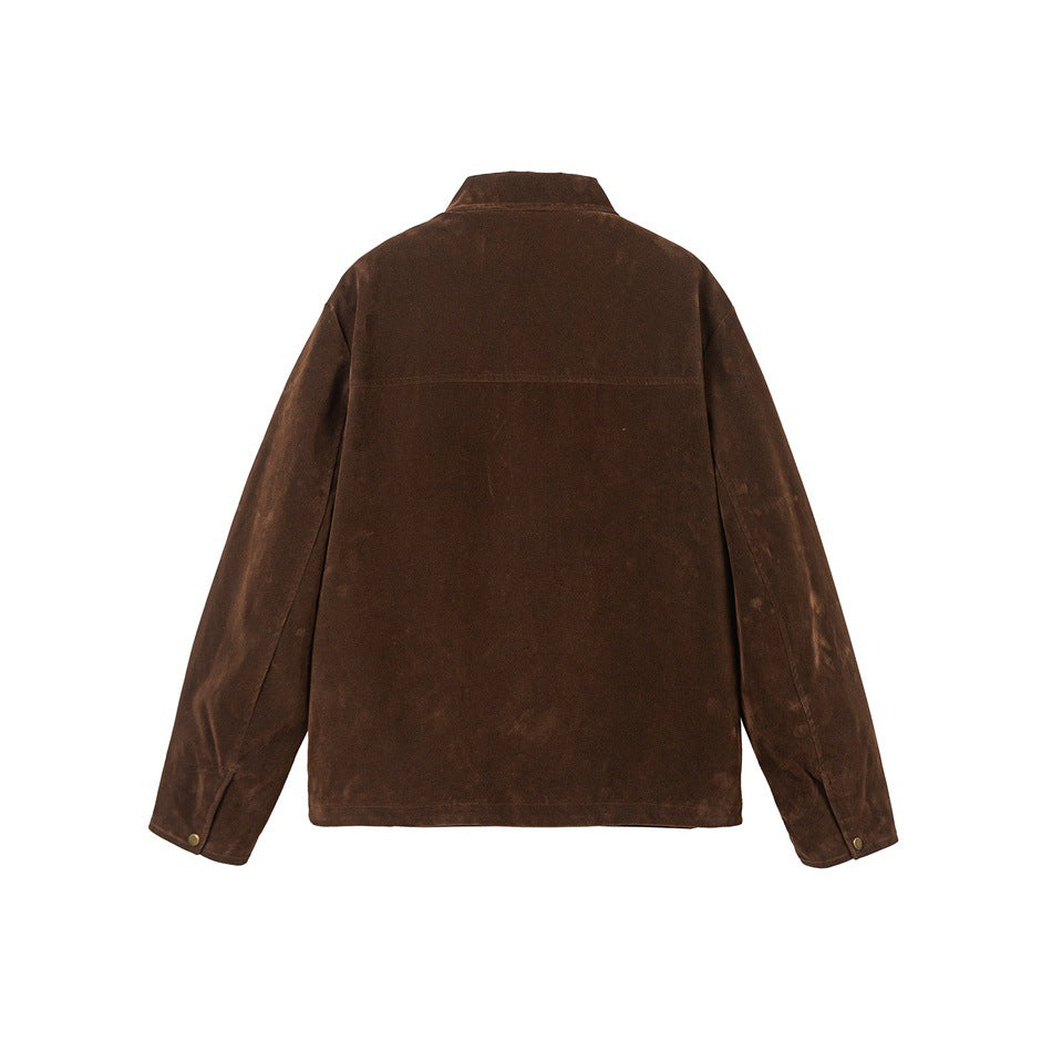Back view of a dark brown jacket with a stand collar, long sleeves and buttoned cuffs.