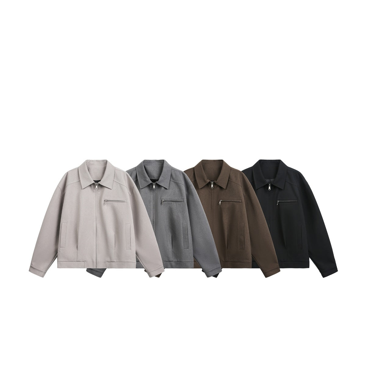 Four zip-front jackets shown together in light gray, medium gray, brown, and black.
