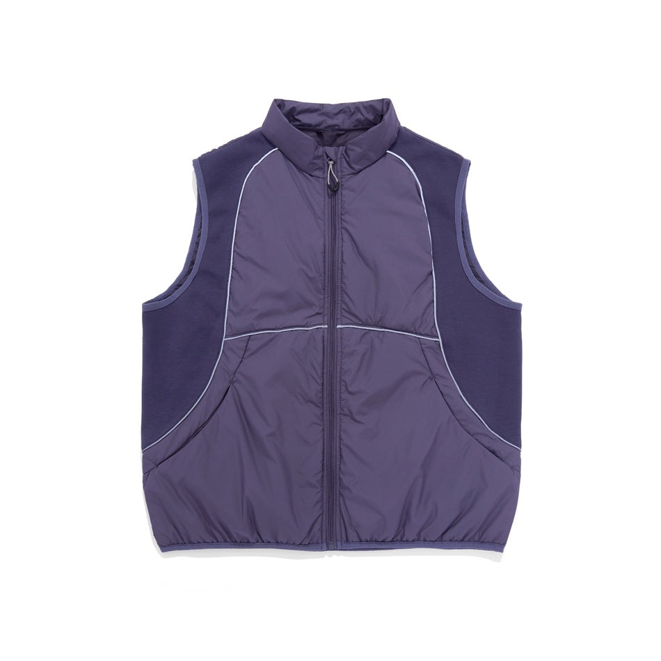 Front view of a purple sleeveless vest with a stand collar, full zipper, curved pale piping, and side pockets.