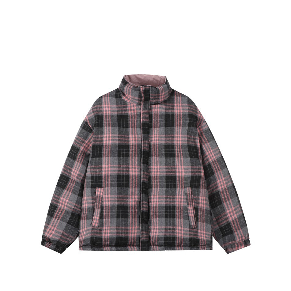 Front view of a high-collar jacket in a charcoal, gray and pink plaid pattern, with two front pockets.