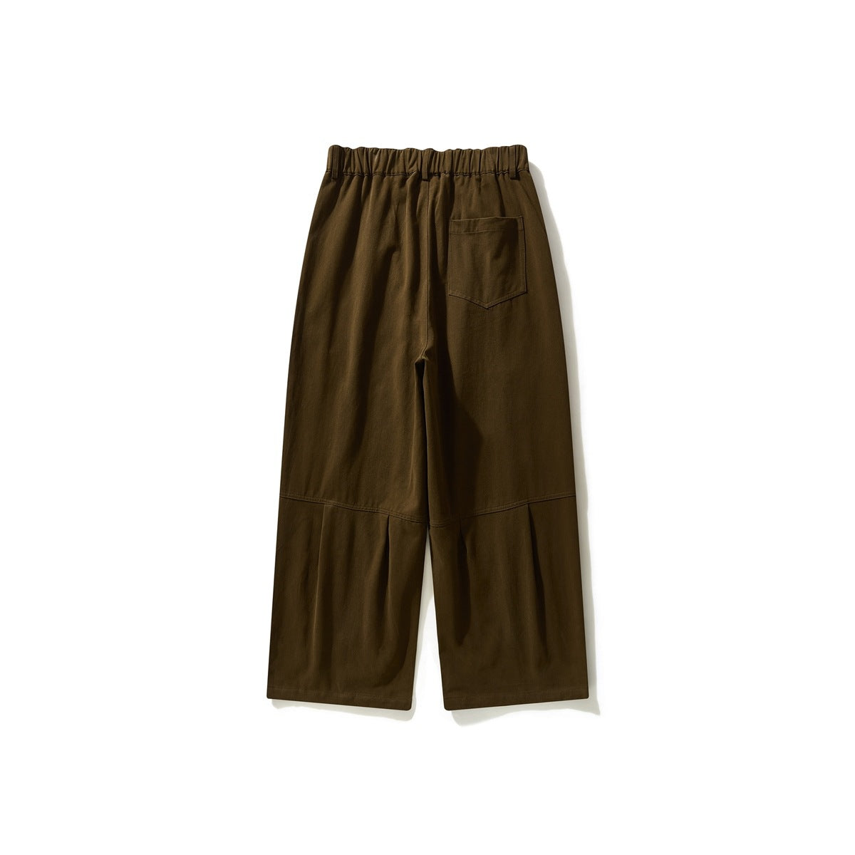 Back view of dark brown wide-leg trousers with an elasticated waist, one patch pocket and seamed lower legs.