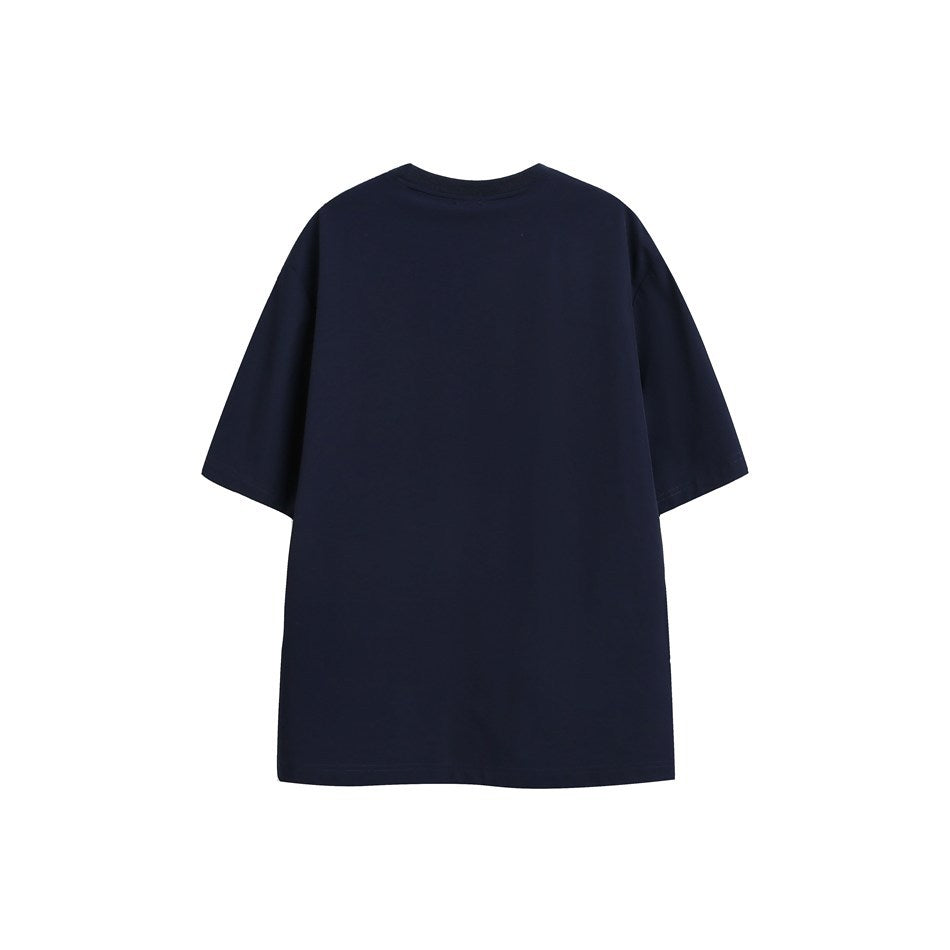 Plain navy short-sleeve crew-neck T-shirt shown from the back.