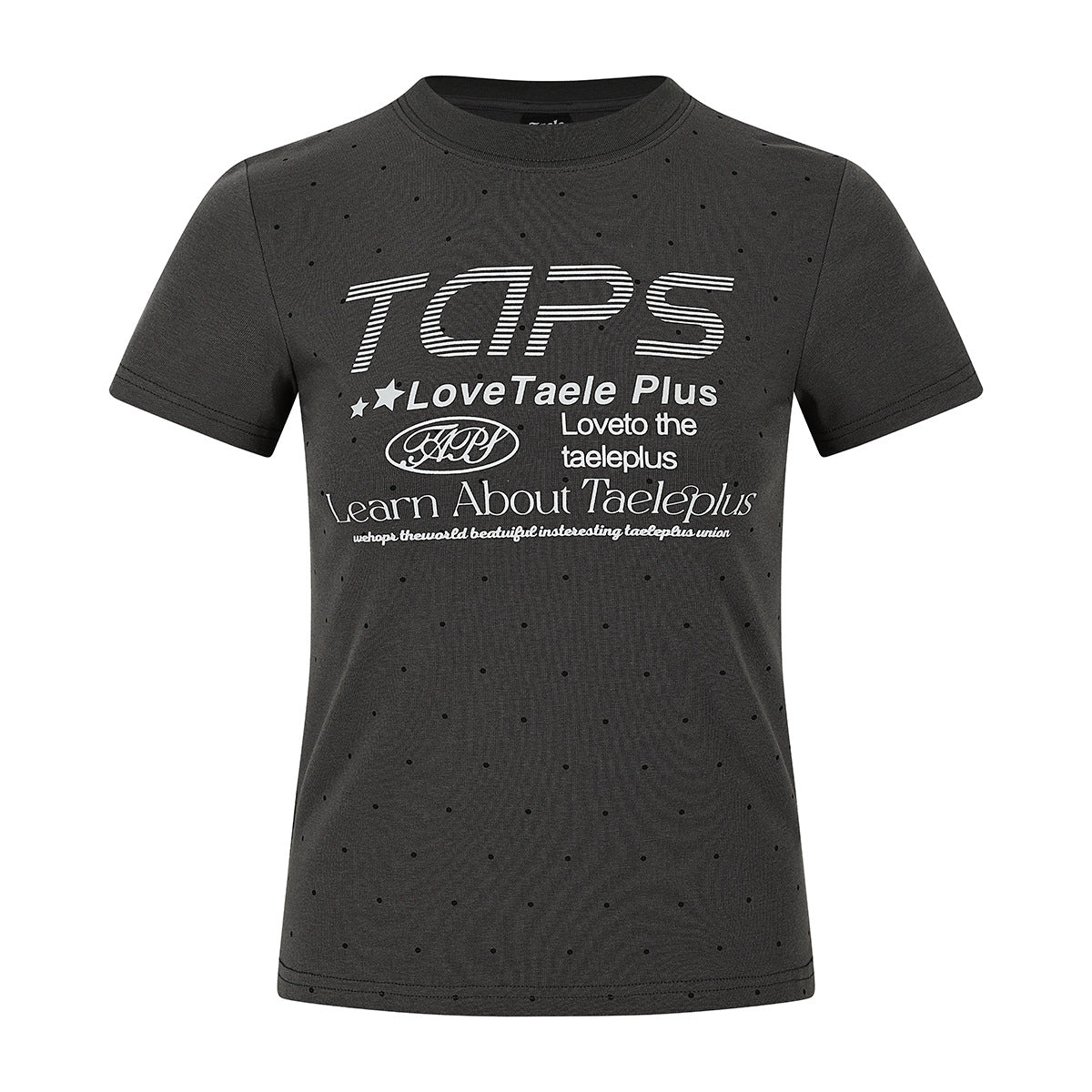 Front view of a charcoal short-sleeve crew-neck T-shirt with scattered black dots and a large white English chest print.
