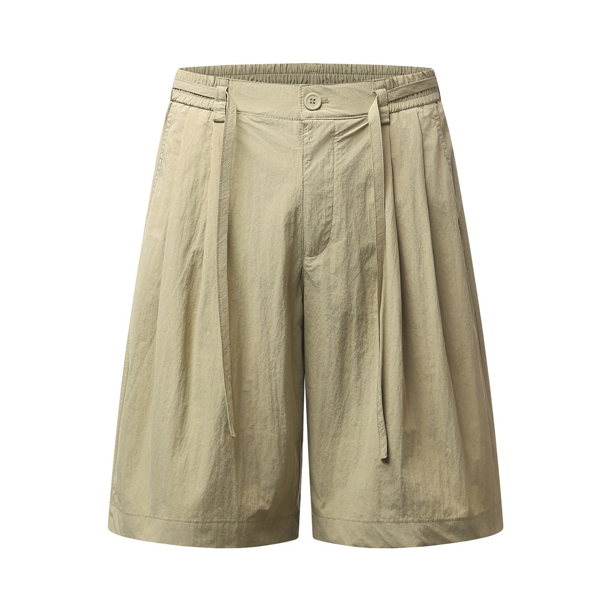 Moss green khaki wide-leg pleated knee-length shorts with elastic waist and long tie strips, flat front view
