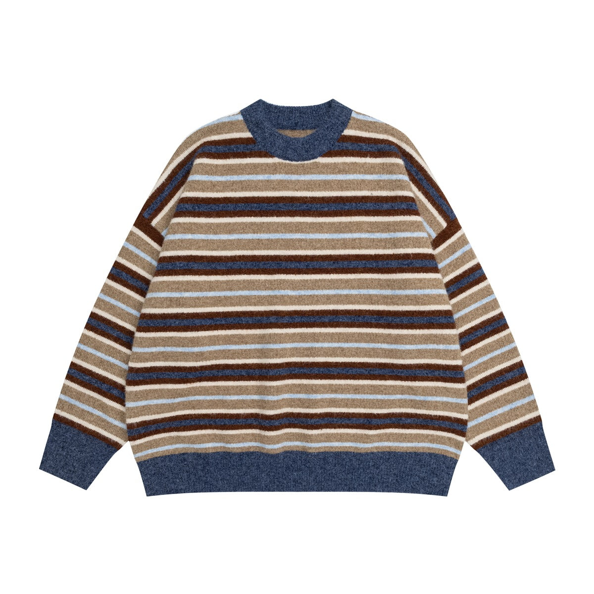 Flat-lay striped knit crew-neck sweater in tan, brown, navy, light blue and cream with blue ribbed trim