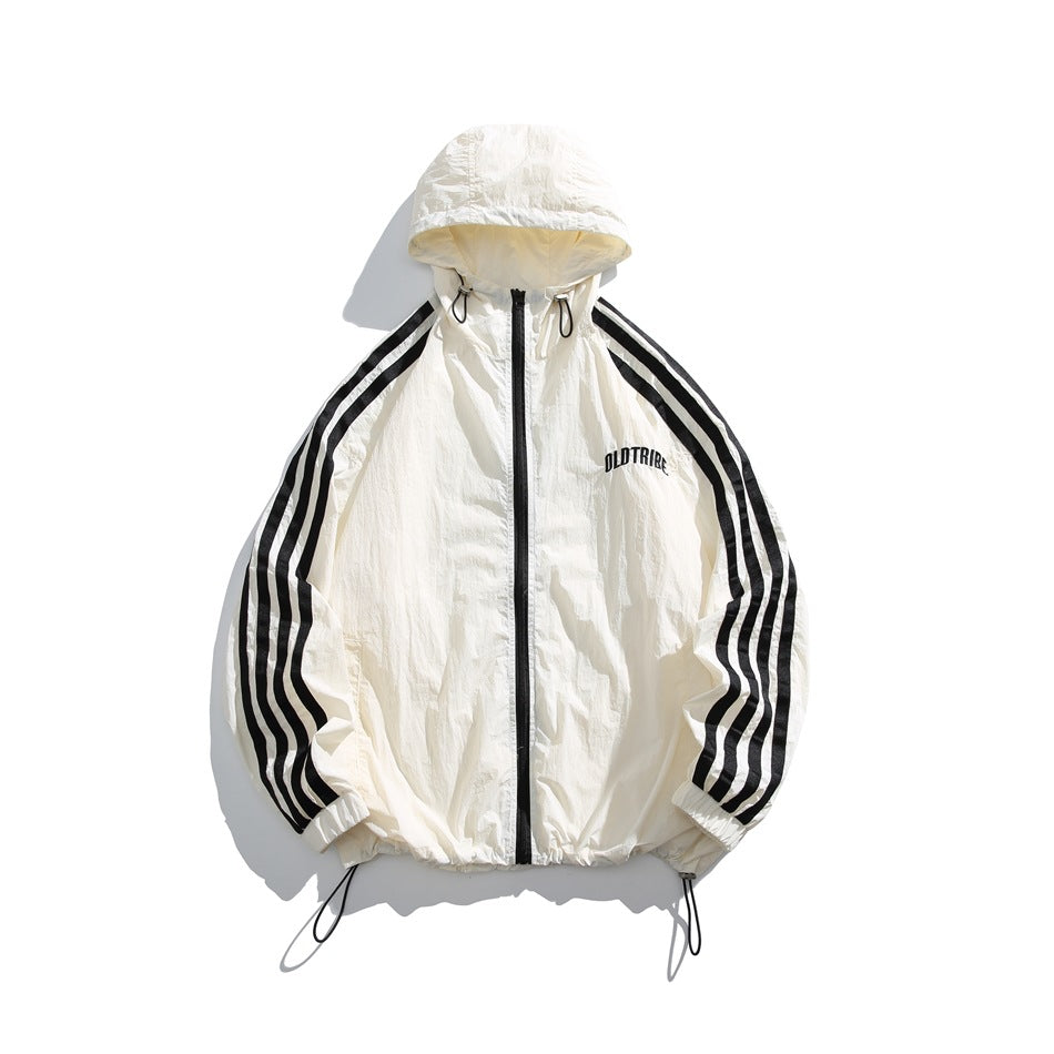 Cream-white hooded zip jacket with black sleeve stripes, black zipper and hem drawcords, front flat view