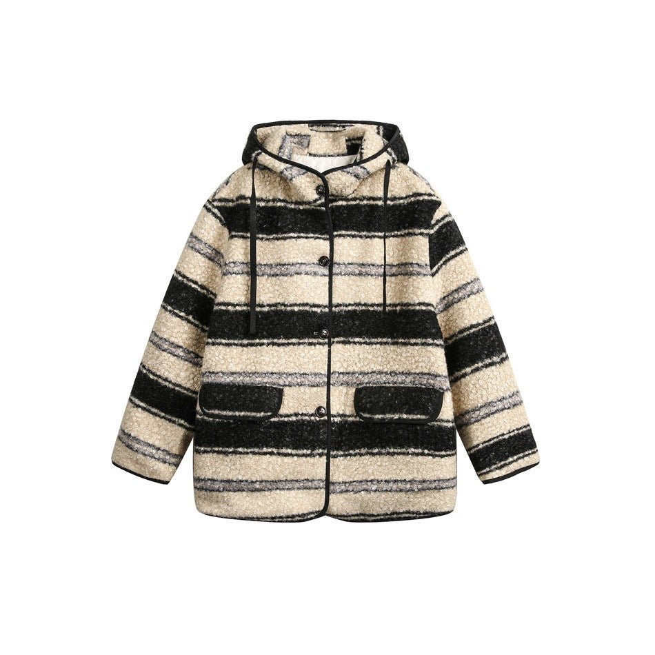 Beige, black and gray striped hooded button-front jacket with drawstring hood and flap pockets, flat front view