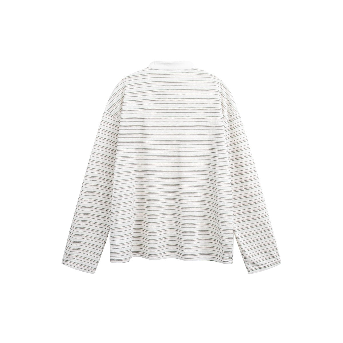 Back view of a cream long-sleeve shirt with fine muted stripes and a white collar, shown flat against white.