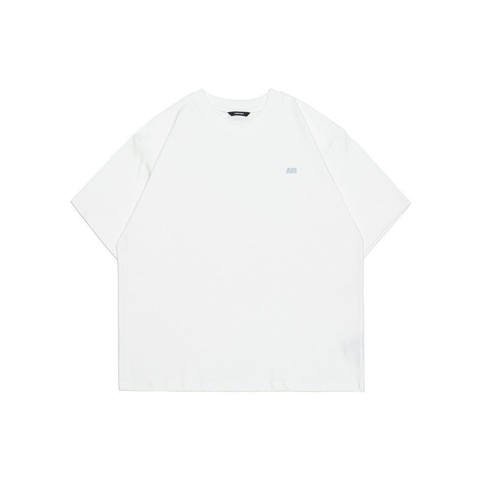White short-sleeve crew-neck T-shirt with small chest logo, flat front view