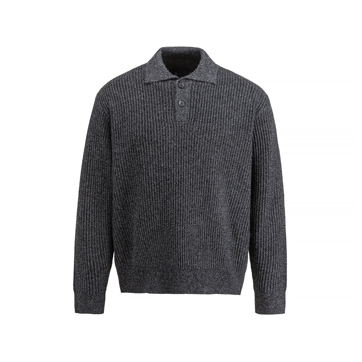 Black-gray ribbed knit polo-collar sweater with two buttons, shown flat from the front