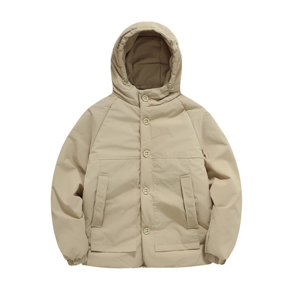 Khaki hooded padded jacket, front view, with button front, two flap pockets and elastic cuffs