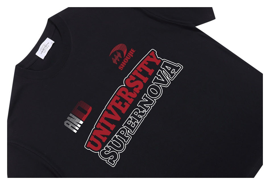 Black T-shirt laid flat, showing a large red-and-white UNIVERSITY SUPERNOVA graphic on the front.